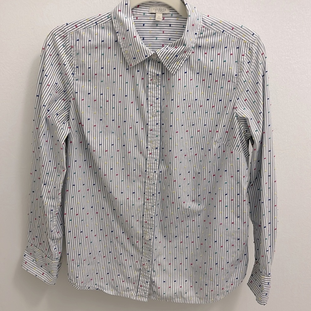 Talbots Blue and White Striped Multicolored Embroidered Dot Blouse Sz SP EUC